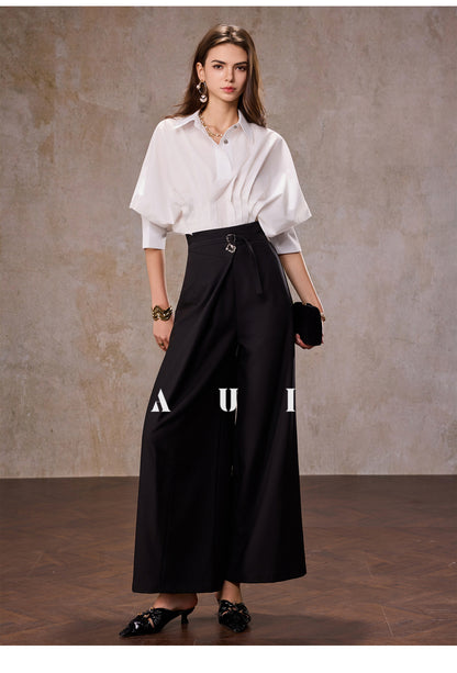 AUI design sense irregular polo collar blue shirt long sleeve top - RESORT.