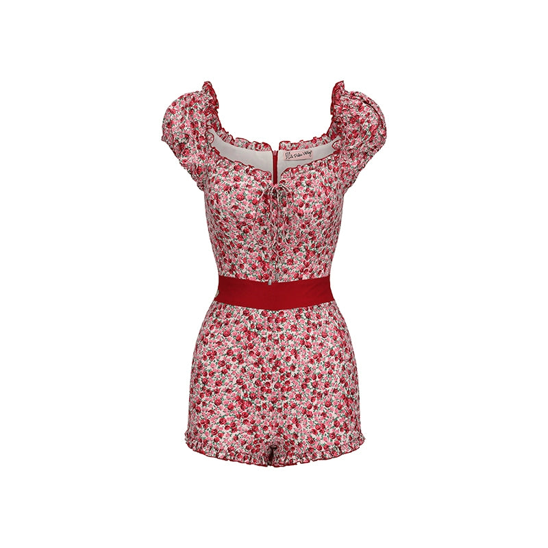 Le Palais Vintage Red Floral Off-the-Shoulder Slim One-Piece Shorts-NOSHIMA.