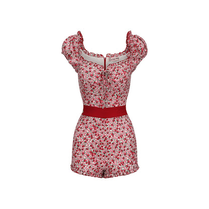 Le Palais Vintage Red Floral Off-the-Shoulder Slim One-Piece Shorts-NOSHIMA.