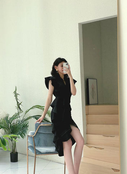 DOLLY Luxury V-Neck Short Sleeve High waist Slim Fit Irregular Hem Date Dress-LISA