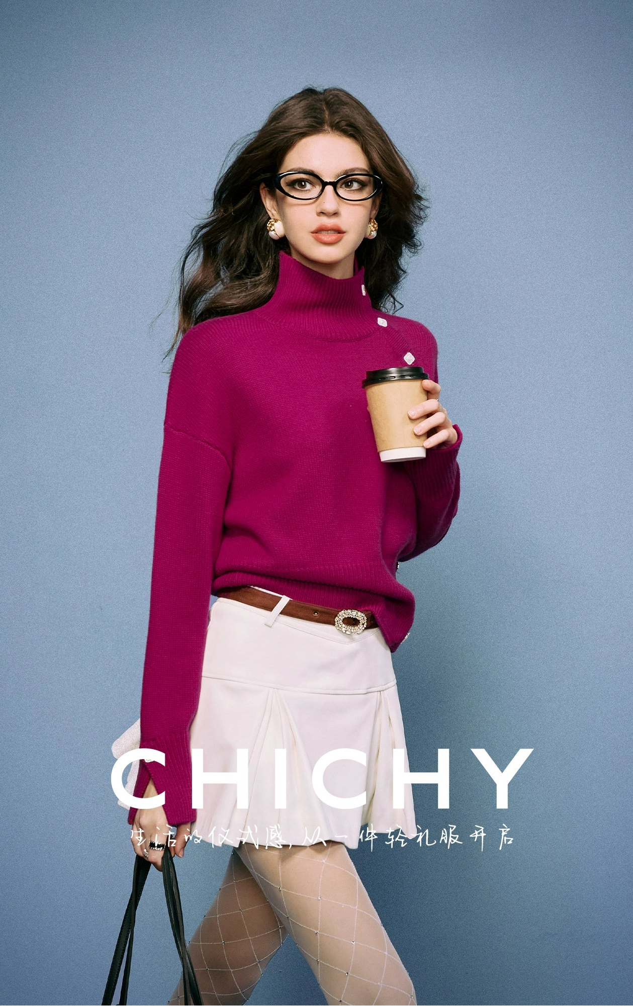 CHICHY Western-style turtleneck knitted sweater retro rose red inner top-AKAGI