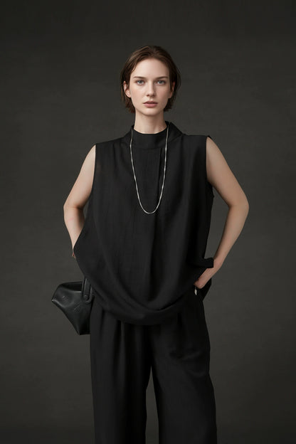 PIAOIN texture linen silk stand up collar sleeveless t-shirt women's straight pants - ARIA