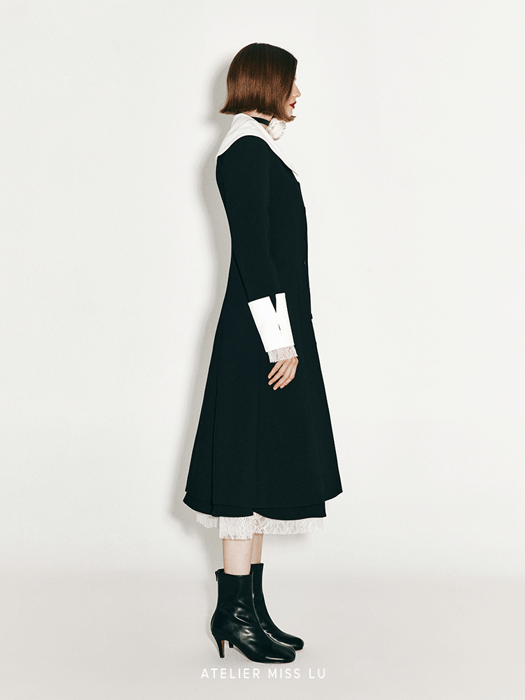 ATELIER MISS LU lapel contrast patchwork receiver waist dress - AVALON.