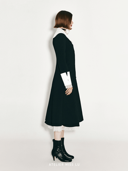ATELIER MISS LU lapel contrast patchwork receiver waist dress - AVALON.