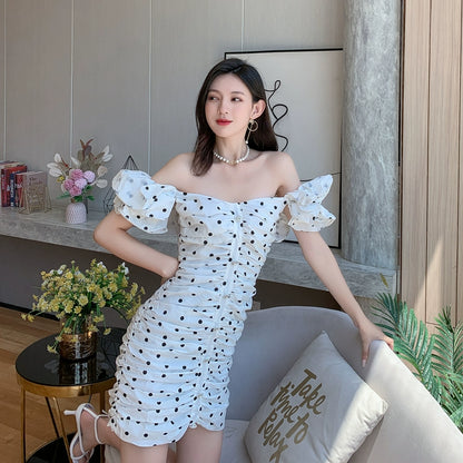DOLLY Elegant White Off Shoulder Short Puff Sleeve Slim Fit Short Polka Dot Dress-MINA