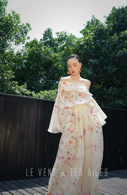 LE VENT&TES AILES Floral-print off shoulder top Skirt trousers set-RINA.
