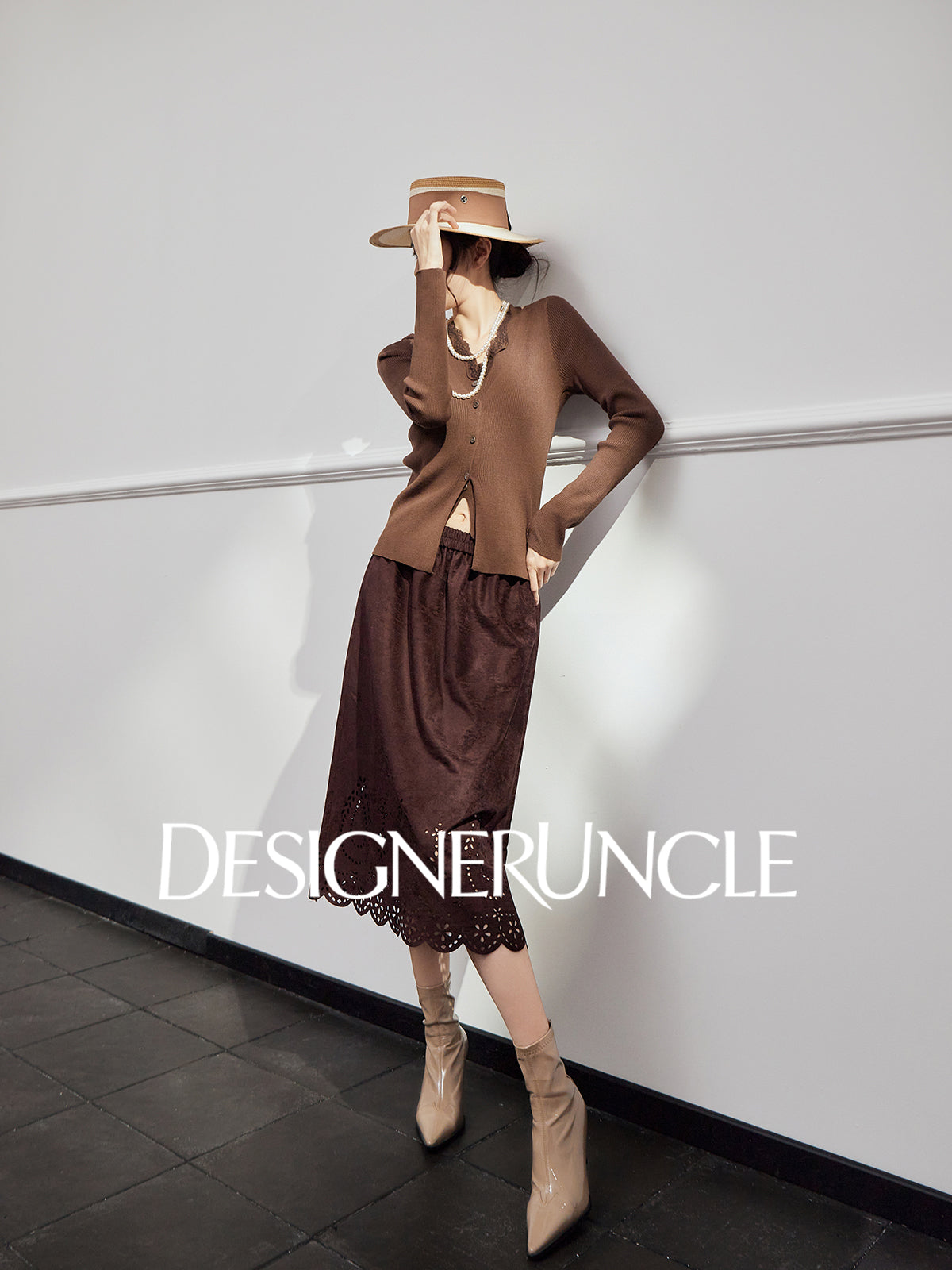 DGU|Floral Coffee Color New Hollow Design Versatile Slimming and Skirt - BLED.