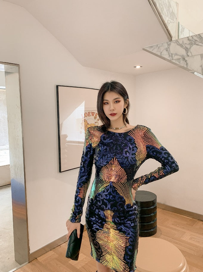 DOLLY Elegant Crew Neck Long Sleeve Slim Fit Short Sequin Party Dress-CONNIE