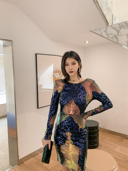 DOLLY Elegant Crew Neck Long Sleeve Slim Fit Short Sequin Party Dress-CONNIE