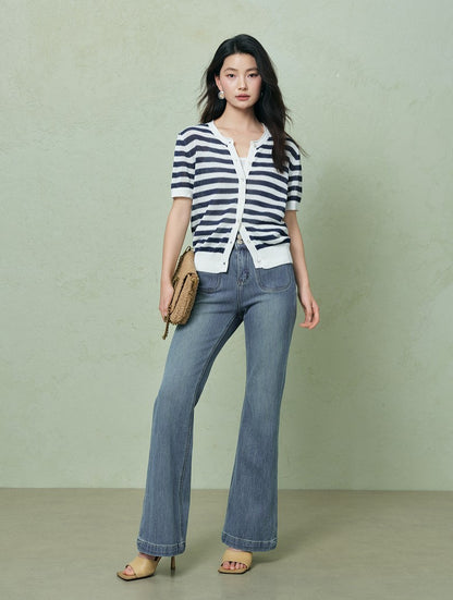 SUSHE light hollow texture striped short-sleeved knit sweater new stretch loose top -BESS