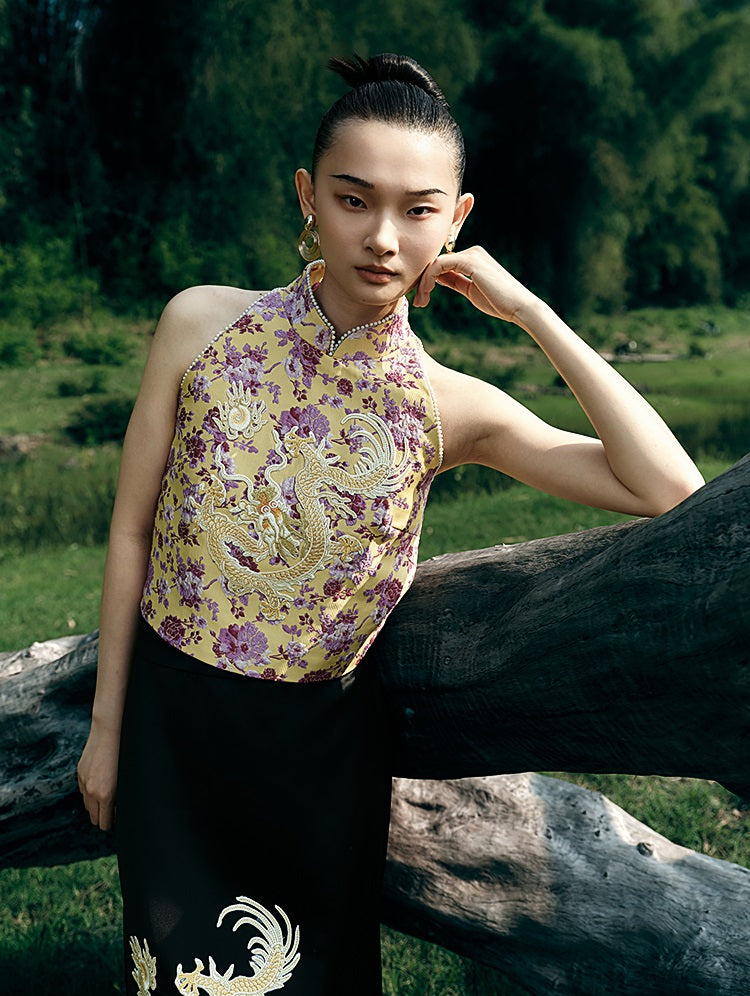 HECO Chinese Retro Style Embroidery Golden Dragon Stand-up Collar Vest Top  - QANT.