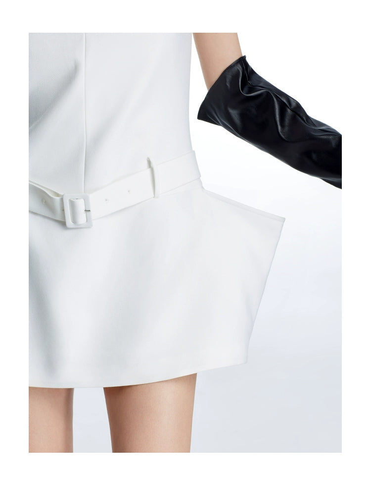 LEDI W high end white sleeveless short mod structured pocket statement dress - Akief