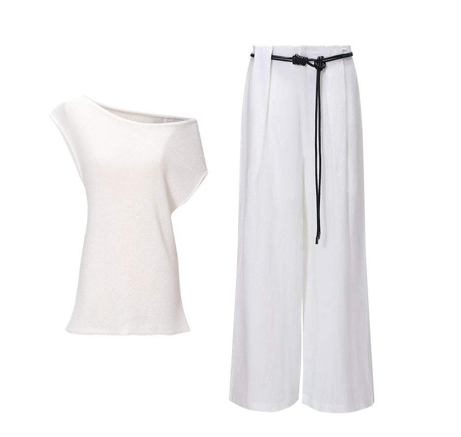 WANGXO |Linen Delicate Knit Slant Shoulder Top & Tailored Straight Pants with Airy Elegance Suit Set -RAYA