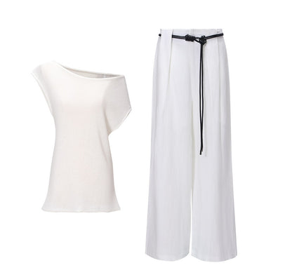 WANGXO |Linen Delicate Knit Slant Shoulder Top & Tailored Straight Pants with Airy Elegance Suit Set -RAYA