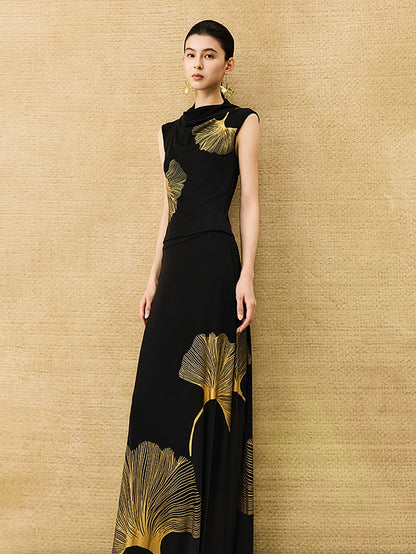 HECO Chinese Draped Summer Heavy Industry Ginkgo Biloba Print Slim Skirt - COLS.