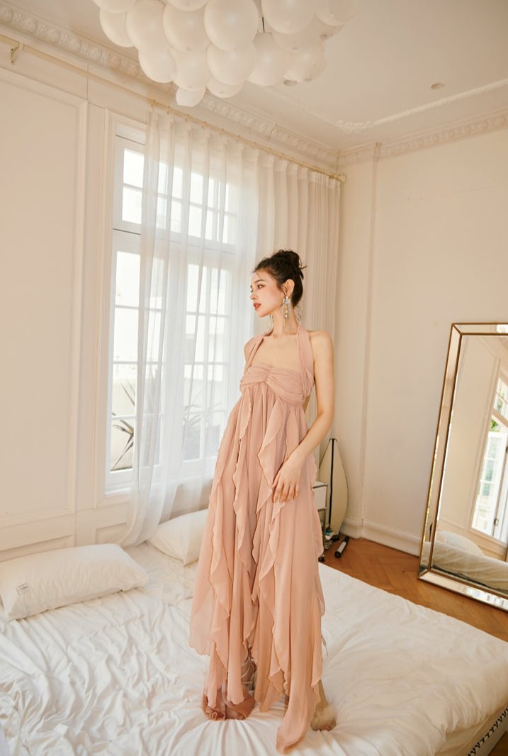 DOLLY Luxury Peach French Style Halter Neck Sleeveless Chiffon Flowing Dress-EVE