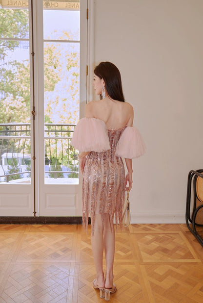 DOLLY Luxury Retro Puff Sleeve Glitter Tassel Tube Top Short Party Dress-LORENA