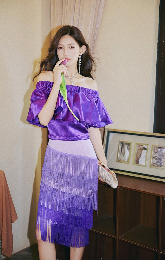 DOLLY Elegant Purple Satin Ruffle Of Shoulder Top+ Gradient Tassel Skirt-ZAYN