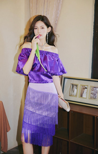 DOLLY Elegant Purple Satin Ruffle Of Shoulder Top+ Gradient Tassel Skirt-ZAYN