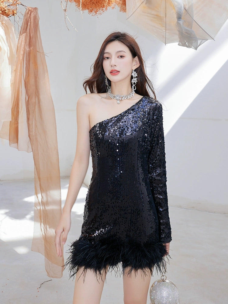 DOLLY Luxury Black Slopping Shoulder Long Sleeve Short Feather Dress-CAITTRIONA