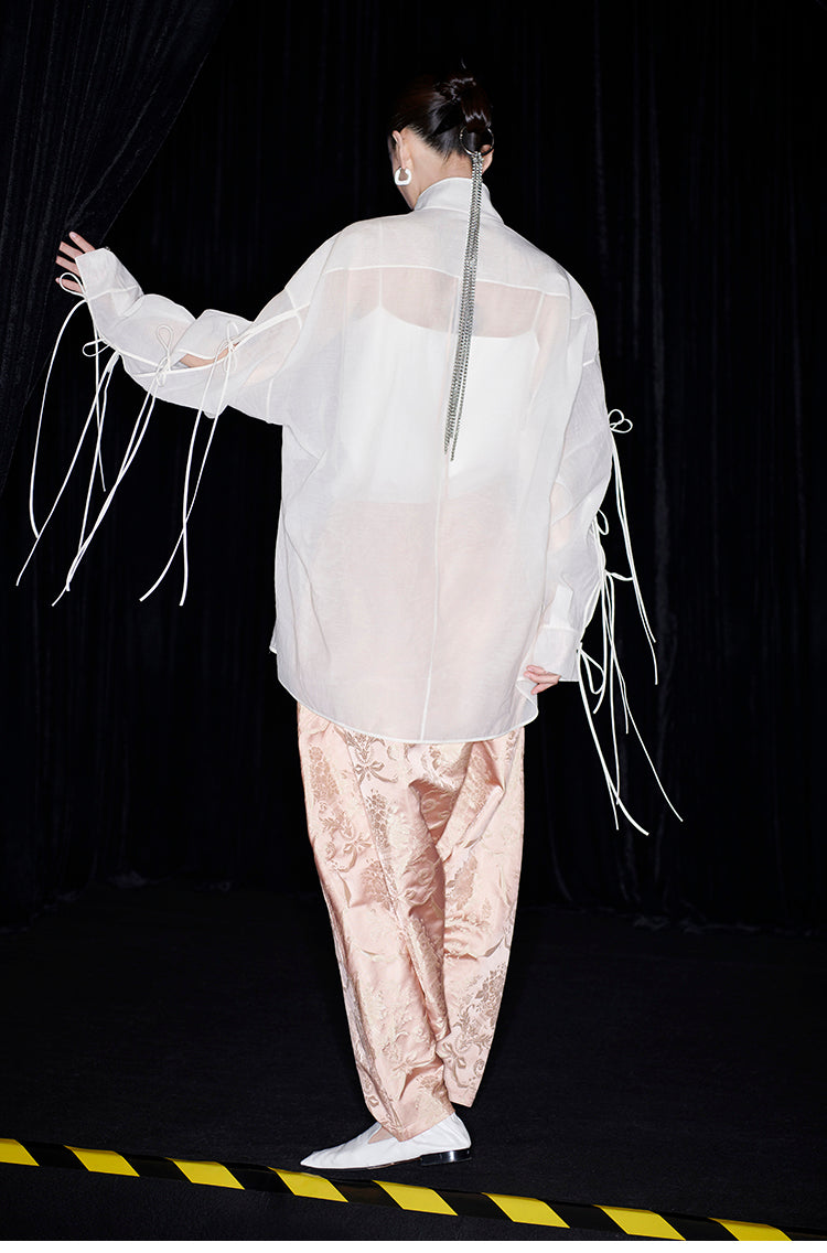 M essential Mackay designer soft-paper pale overshirt with pavement embroidery - serious.