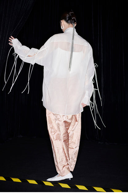 M essential Mackay designer soft-paper pale overshirt with pavement embroidery - serious.