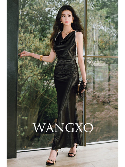 WANGXO |Detachable Pearl Pendant Swing Neck Waist Fishtail Dress -NOYA