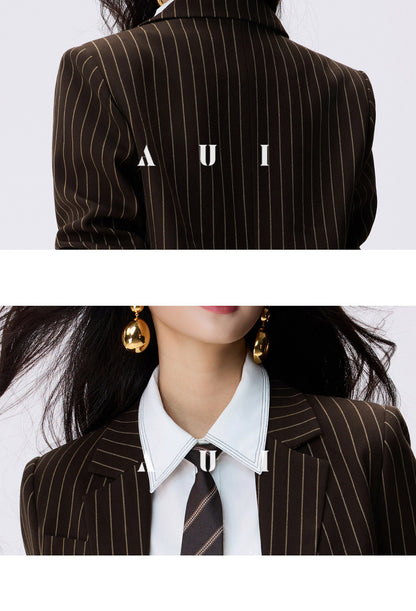 AUI Brown Striped Blazer Long Sleeve Polo Two-Piece Suit Skirt -  Haneul.