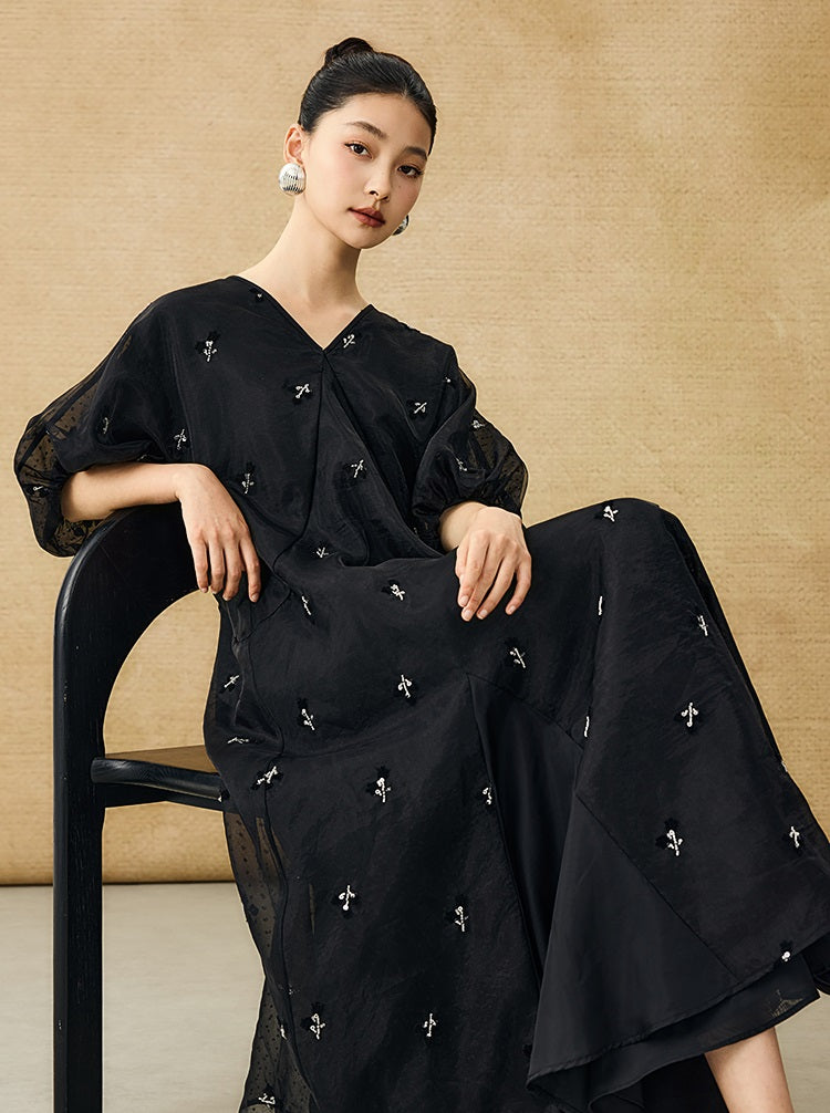 HECO  New Chinese Embroidered V-Neck Puff Sleeve Dress - CORAINE.