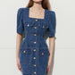 DPLAY summer french square neck puff sleeves denim blue dress - Kaii