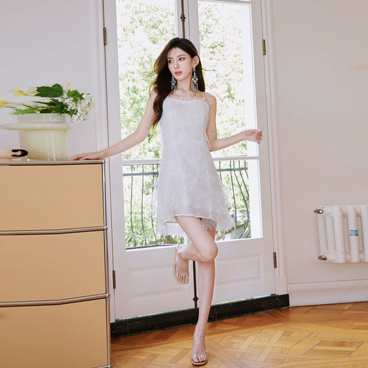 DOLLY Elegant French Style White Sleeveless High Waist Short Lace Dress-KELLA (V)