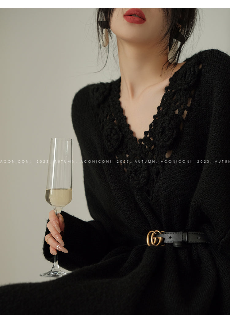 Aconiconi|Purple Flower Crochet openwork long cropped loose wool knit sweater  dress - Twilight