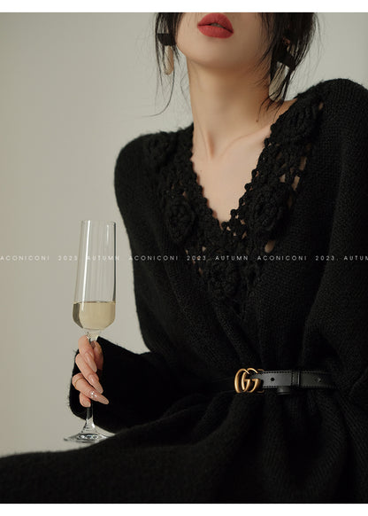 Aconiconi|Purple Flower Crochet openwork long cropped loose wool knit sweater  dress - Twilight