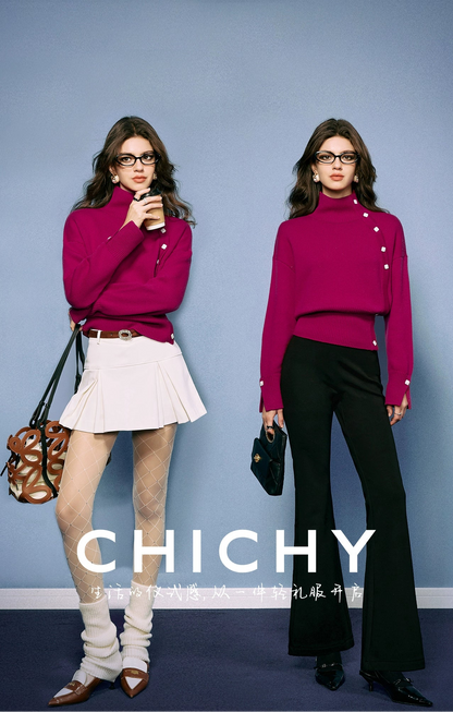 CHICHY Western-style turtleneck knitted sweater retro rose red inner top-AKAGI