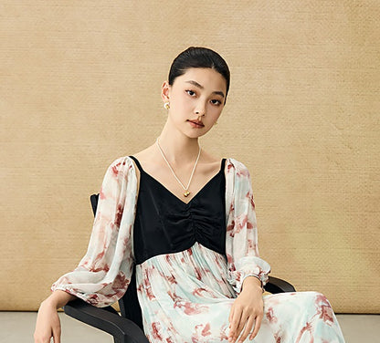 HECO Chinese V-neck camisole chiffon print long dress - BUSE.