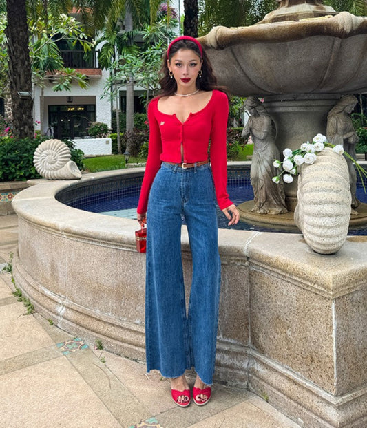 Le Palais Vintage Elegant Plain V-Neck Long Sleeve Chic Cardigan-Ray.