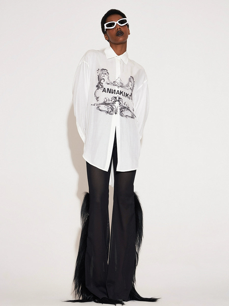 ANNAKIKI Designer White Acetate Print Loose Long Sleeve Shirt-HIRO