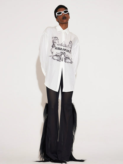 ANNAKIKI Designer White Acetate Print Loose Long Sleeve Shirt-HIRO