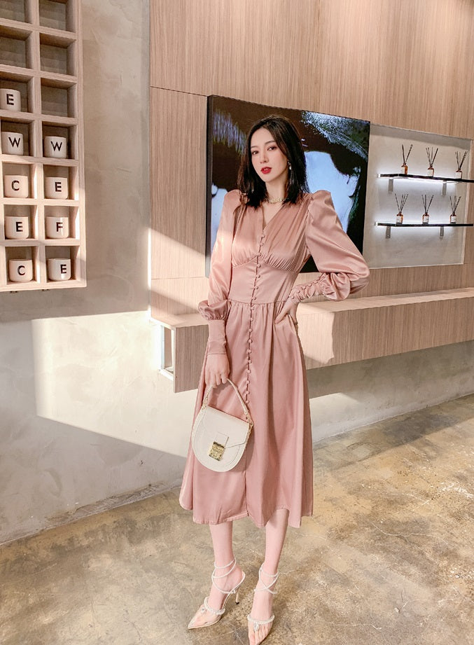 DOLLY Elegant V-Neck Long Lantern Sleeve Long Button Church Dress-NANA