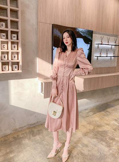 DOLLY Elegant V-Neck Long Lantern Sleeve Long Button Church Dress-NANA