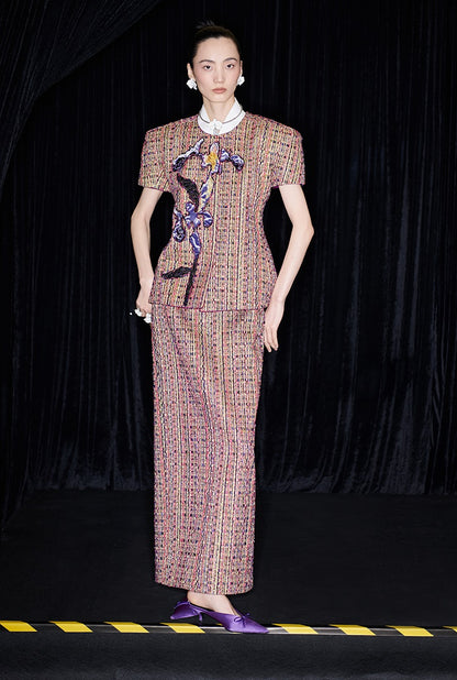 M essential Ma Kai designer kneaded gold coarse spinning iris stacked embroidery slim top - LIVING.