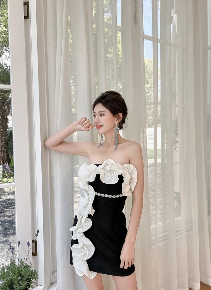 DOLLY Elegant Black Off Shoulder White Ruffle Tube Top Short Date Dress-JAJA