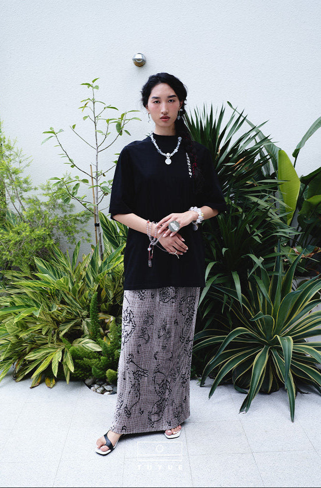 TUYUE Art Print Elastic Waist Pleated H-Shaped Maxi Skirt - ANDRE.