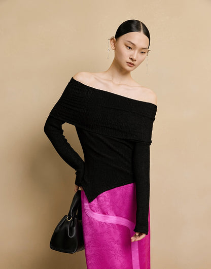 HECO stretch pleated off-the-shoulder long sleeve T-shirt - GRAD.