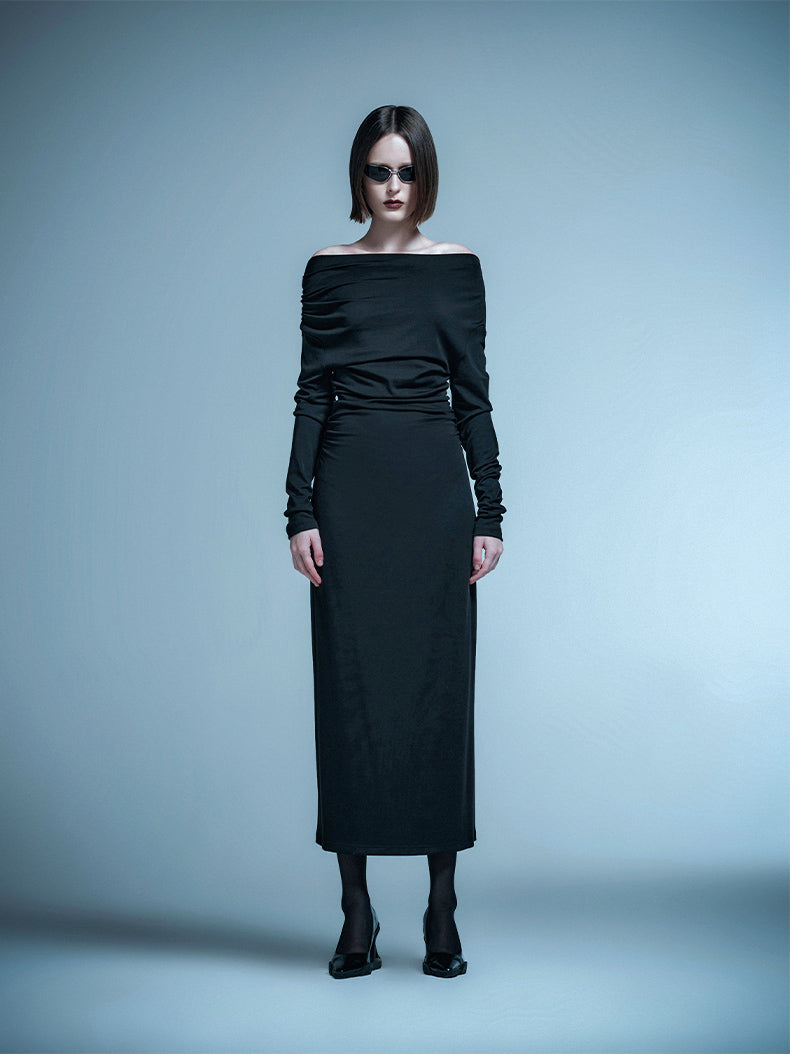 ANNAKIKI  Designer Vertical Back Cut-out Pleated One-Line Neck Dress-MIU