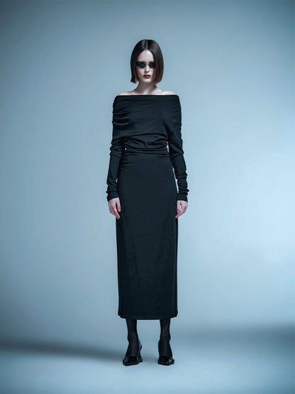 ANNAKIKI  Designer Vertical Back Cut-out Pleated One-Line Neck Dress-MIU