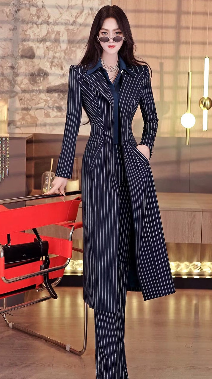 VJE Striped Trench Coat Flared Pants Two-Piece Set-NICH.