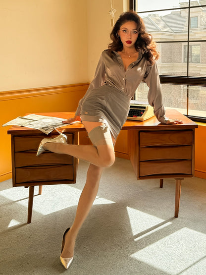 Le Palais Vintage Elegant Grey High Waist Short Skirt-LAAL.