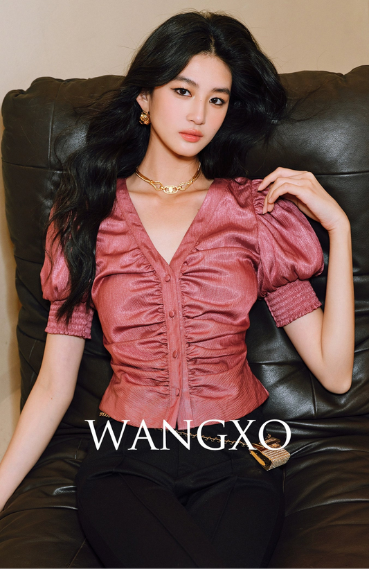 WANGXO Lumina Silk Satin Twill V-Neck Puff Sleeve Top - REYNA.