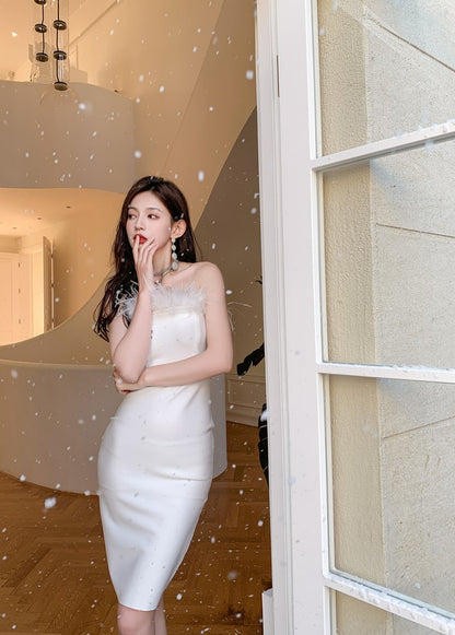 DOLLY Elegant Off Shoulder Feather Tube Top Slim Fit Dinner Date Dress-NANA